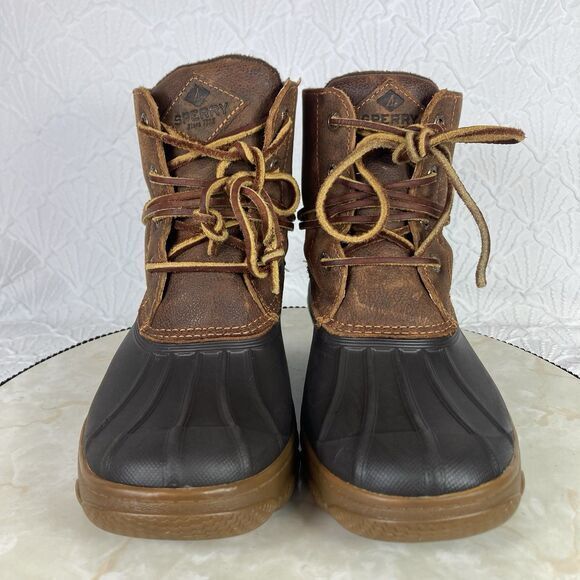 Sperry Duck Boots Womens Size 7 Black Brown Leather Outdoor Rubber Rain Booties - Picture 6 of 15